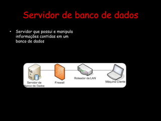 Servidor de banco de dados
• Servidor que possui e manipula
informações contidas em um
banco de dados
 