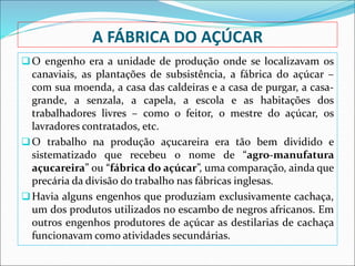 A FÁBRICA DO AÇÚCAR
O engenho era a unidade de produção onde se localizavam os
canaviais, as plantações de subsistência, a fábrica do açúcar –
com sua moenda, a casa das caldeiras e a casa de purgar, a casa-
grande, a senzala, a capela, a escola e as habitações dos
trabalhadores livres – como o feitor, o mestre do açúcar, os
lavradores contratados, etc.
O trabalho na produção açucareira era tão bem dividido e
sistematizado que recebeu o nome de “agro-manufatura
açucareira” ou “fábrica do açúcar”, uma comparação, ainda que
precária da divisão do trabalho nas fábricas inglesas.
Havia alguns engenhos que produziam exclusivamente cachaça,
um dos produtos utilizados no escambo de negros africanos. Em
outros engenhos produtores de açúcar as destilarias de cachaça
funcionavam como atividades secundárias.
 