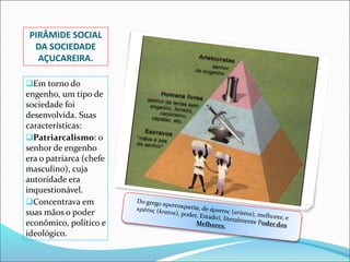 PIRÂMIDE SOCIAL
DA SOCIEDADE
AÇUCAREIRA.
Em torno do
engenho, um tipo de
sociedade foi
desenvolvida. Suas
características:
Patriarcalismo: o
senhor de engenho
era o patriarca (chefe
masculino), cuja
autoridade era
inquestionável.
Concentrava em
suas mãos o poder
econômico, político e
ideológico.
 