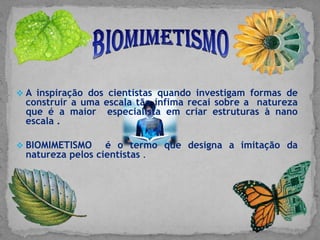  A inspiração dos cientistas quando investigam formas de
 construir a uma escala tão ínfima recai sobre a natureza
 que é a maior especialista em criar estruturas à nano
 escala .

 BIOMIMETISMO    é o termo que designa a imitação da
 natureza pelos cientistas .
 