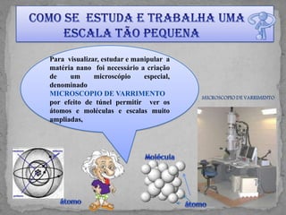 Para visualizar, estudar e manipular a
matéria nano foi necessário a criação
de    um      microscópio     especial,
denominado
MICROSCOPIO DE VARRIMENTO
por efeito de túnel permitir ver os
átomos e moléculas e escalas muito
ampliadas,
 