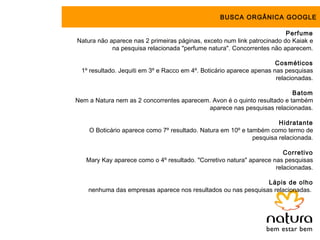 BUSCA ORGÂNICA GOOGLE

                                                                         Perfume
Natura não aparece nas 2 primeiras páginas, exceto num link patrocinado do Kaiak e
            na pesquisa relacionada "perfume natura". Concorrentes não aparecem.

                                                                       Cosméticos
  1º resultado. Jequiti em 3º e Racco em 4º. Boticário aparece apenas nas pesquisas
                                                                       relacionadas.

                                                                          Batom
Nem a Natura nem as 2 concorrentes aparecem. Avon é o quinto resultado e também
                                           aparece nas pesquisas relacionadas.

                                                                      Hidratante
    O Boticário aparece como 7º resultado. Natura em 10º e também como termo de
                                                             pesquisa relacionada.

                                                                        Corretivo
   Mary Kay aparece como o 4º resultado. "Corretivo natura" aparece nas pesquisas
                                                                     relacionadas.

                                                               Lápis de olho
    nenhuma das empresas aparece nos resultados ou nas pesquisas relacionadas.
 