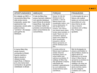 S WO T

OPORTUNIDADES             AMEAÇAS                    FORÇAS                     FRAQUEZAS
Em relação ao SEO, a      O site da Mary Kay         Apesar de não dar          A informação de que a
concorrente Mary Kay      possui banners rotativos   destaque para os           Natura não realiza
está ainda menos          com grande destaque        produtos, o site da        testes em animais está
preparada, quase não      para linhas de produtos    Natura possui uma          escondida em uma
                                                     visualização melhor, com
aparecendo nas            específicas. Isso ajuda                               área interna do site,
                                                     menus destacados. O
pesquisas, exceto pela    a conhecer melhor os                                  mas o mesmo
                                                     site da Mary Kay é
palavra-chave             produtos concorrentes e    confuso, com menus         acontece com a Mary
"corretivo". Há espaço    atrair consumidores da     com textos claros sobre    Kay. Fraqueza
para ganho de             concorrência.              fundos claros também. A    igualada.
destaque.                                            seção "Quero ser uma
                                                     consultora" aparece
                                                     nesse menu lateral de
                                                     difícil visualização,
                                                     enquanto o site da
                                                     Natura apresenta um
                                                     grande destaque para
                                                     isso.
A marca Mary Kay                                     A revista online da        Não há divulgação de
ainda é pouco                                        Natura (que é apenas a     preços e promoções no
conhecida no Brasil,                                 versão virtual da          site da Natura, exceto na
ficando restrita a                                   impressa) possui um        página dentro do
                                                     visual melhor que          Submarino e na revista
alguns grupos e
                                                     valoriza os produtos. O    virtual. A Mary Kay só
classes sociais
                                                     catálogo da Mary Kay       apresenta os produtos na
específicas. A Natura                                não apresenta a mesma      versão virtual do
já é uma marca bem                                   valorização dos            catálogo e ao clicar em
conhecida e de grande                                produtos, assemelhando-    um produto específico
visibilidade no Brasil.                              se a um editorial de       dentro da linha, dentro
                                                     revista feminina sobre     de uma categoria
                                                     cosméticos.                (cuidados com a pele,
                                                                                etc.).
 