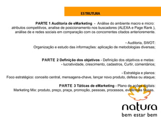 ESTRUTURA

                  PARTE 1 Auditoria de eMarketing - Análise do ambiente macro e micro:
   atributos competitivos, analise de posicionamento nos buscadores (ALEXA e Page Rank ),
     análise de e redes sociais em comparação com os concorrentes citados anterioremente.

                                                                      - Auditoria, SWOT:
                Organização e estudo das informações: aplicação de metodologias diversas;


                     PARTE 2 Definição dos objetivos - Definição dos objetivos e metas:
                              - lucratividade, crescimento, cadastros, Curtir, comentários;

                                                                      - Estratégia e planos:
Foco estratégico: conceito central, mensagens-chave, lançar novo produto, defesa ou ataque;

                                PARTE 3 Táticas de eMarketing - Plano de ações digitais:
    Marketing Mix: produto, preço, praça, promoção, pessoas, processos, evidências físicas.
 