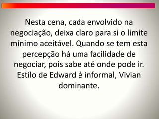 Nesta cena, cada envolvido na
negociação, deixa claro para si o limite
mínimo aceitável. Quando se tem esta
percepção há uma facilidade de
negociar, pois sabe até onde pode ir.
Estilo de Edward é informal, Vivian
dominante.
 