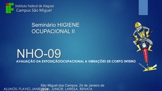 Seminário HIGIENE
OCUPACIONAL II

NHO-09

AVALIAÇÃO DA EXPOSIÇÃOOCUPACIONAL A VIBRAÇÕES DE CORPO INTEIRO

São Miguel dos Campos, 24 de Janeiro de
ALUNOS: FLAVIO,JANIELSON, JUNIOR, LARISSA, RENATA
2014

 