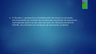 

O Quadro 1 apresenta a considerações técnicas e a atuação
recomendada em função da aceleração resultante de exposição
normalizada (aren) ou do valor de dose de vibração resultante
(VDVR), encontrado na condição de exposição avaliada.

 