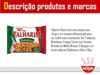 Descrição produtos e marcas
Talharim Nissin tem uma massa mais
larga e um tempero diferenciado para
um molho mais consistente. Em 7 sabores:
Bolonhesa, Frango, Carne com Tomate,
Brócolis ao Molho Branco, 4 Queijos e os
novos sabores Calabresa e Alho e Óleo.
 