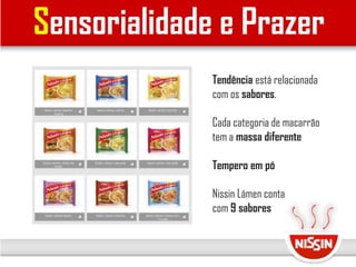 Sensorialidade e Prazer
Tendência está relacionada
com os sabores.
Cada categoria de macarrão
tem a massa diferente
Tempero em pó
Nissin Lámen conta
com 9 sabores
 