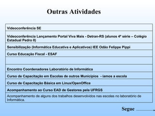Outras Atividades Segue Videoconferência SE Videoconferência Lançamento Portal Viva Mais - Detran-RS (alunos 4ª série – Colégio Estadual Pedro II) Sensibilização (Informática Educativa e Aplicativos) IEE Odão Felippe Pippi  Curso Educação Fiscal - ESAF Encontro Coordenadores Laboratório de Informática  Curso de Capacitação em Escolas de outros Municípios  - íamos a escola Curso de Capacitação Básica em Linux/OpenOffice Acompanhamento ao Curso EAD de Gestores pela UFRGS Acompanhamento de alguns dos trabalhos desenvolvidos nas escolas no laboratório de Informática. 