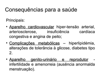 Consequências para a saúde Principais:  Aparelho cardiovascular  hiper-tensão arterial, arteriosclerose, insuficiência cardíaca congestiva e angina de peito; Complicações metabólicas  – hiperlipidémia, alterações de tolerância à glicose, diabetes tipo 2. Aparelho genito-urinário e reprodutor  - infertilidade e amenorreia (ausência anormalda menstruação). 