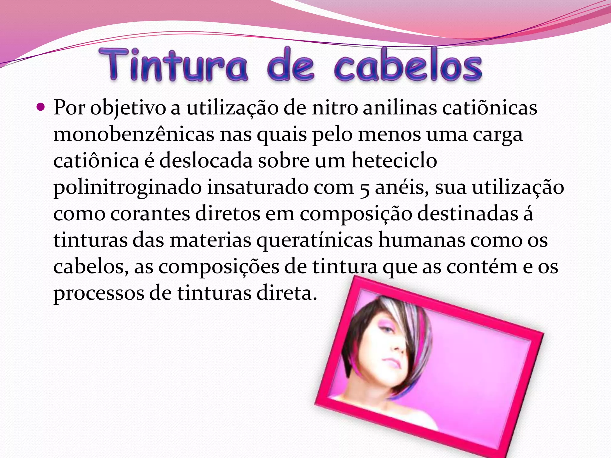  Por objetivo a utilização de nitro anilinas catiõnicas
  monobenzênicas nas quais pelo menos uma carga
  catiônica é deslocada sobre um heteciclo
  polinitroginado insaturado com 5 anéis, sua utilização
  como corantes diretos em composição destinadas á
  tinturas das materias queratínicas humanas como os
  cabelos, as composições de tintura que as contém e os
  processos de tinturas direta.
 