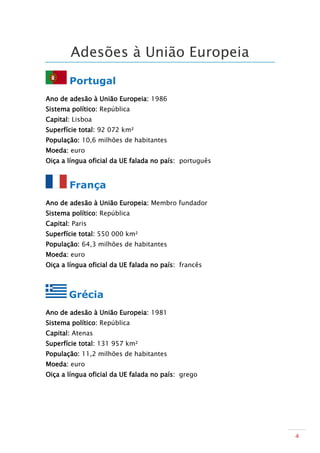 Adesões à União Europeia
        Portugal
Ano de adesão à União Europeia: 1986
Sistema político: República
Capital: Lisboa
Superfície total: 92 072 km²
População: 10,6 milhões de habitantes
Moeda: euro
Oiça a língua oficial da UE falada no país: português


        França
Ano de adesão à União Europeia: Membro fundador
Sistema político: República
Capital: Paris
Superfície total: 550 000 km²
População: 64,3 milhões de habitantes
Moeda: euro
Oiça a língua oficial da UE falada no país: francês



       Grécia
Ano de adesão à União Europeia: 1981
Sistema político: República
Capital: Atenas
Superfície total: 131 957 km²
População: 11,2 milhões de habitantes
Moeda: euro
Oiça a língua oficial da UE falada no país: grego




                                                        4
 