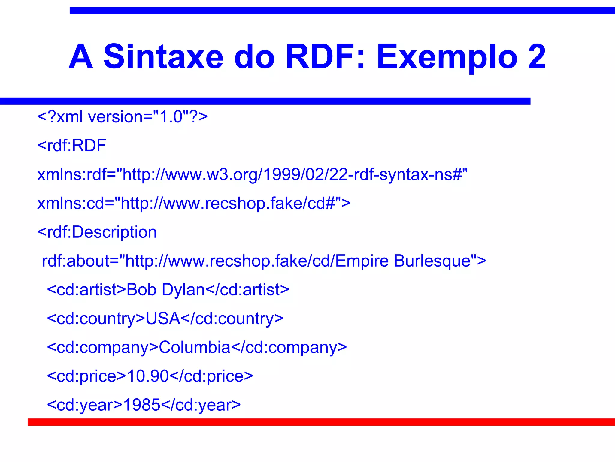 A Sintaxe do RDF: Exemplo 2
<?xml version="1.0"?>
<rdf:RDF
xmlns:rdf="http://www.w3.org/1999/02/22-rdf-syntax-ns#"
xmlns:cd="http://www.recshop.fake/cd#">
<rdf:Description
rdf:about="http://www.recshop.fake/cd/Empire Burlesque">
 <cd:artist>Bob Dylan</cd:artist>
 <cd:country>USA</cd:country>
 <cd:company>Columbia</cd:company>
 <cd:price>10.90</cd:price>
 <cd:year>1985</cd:year>
 