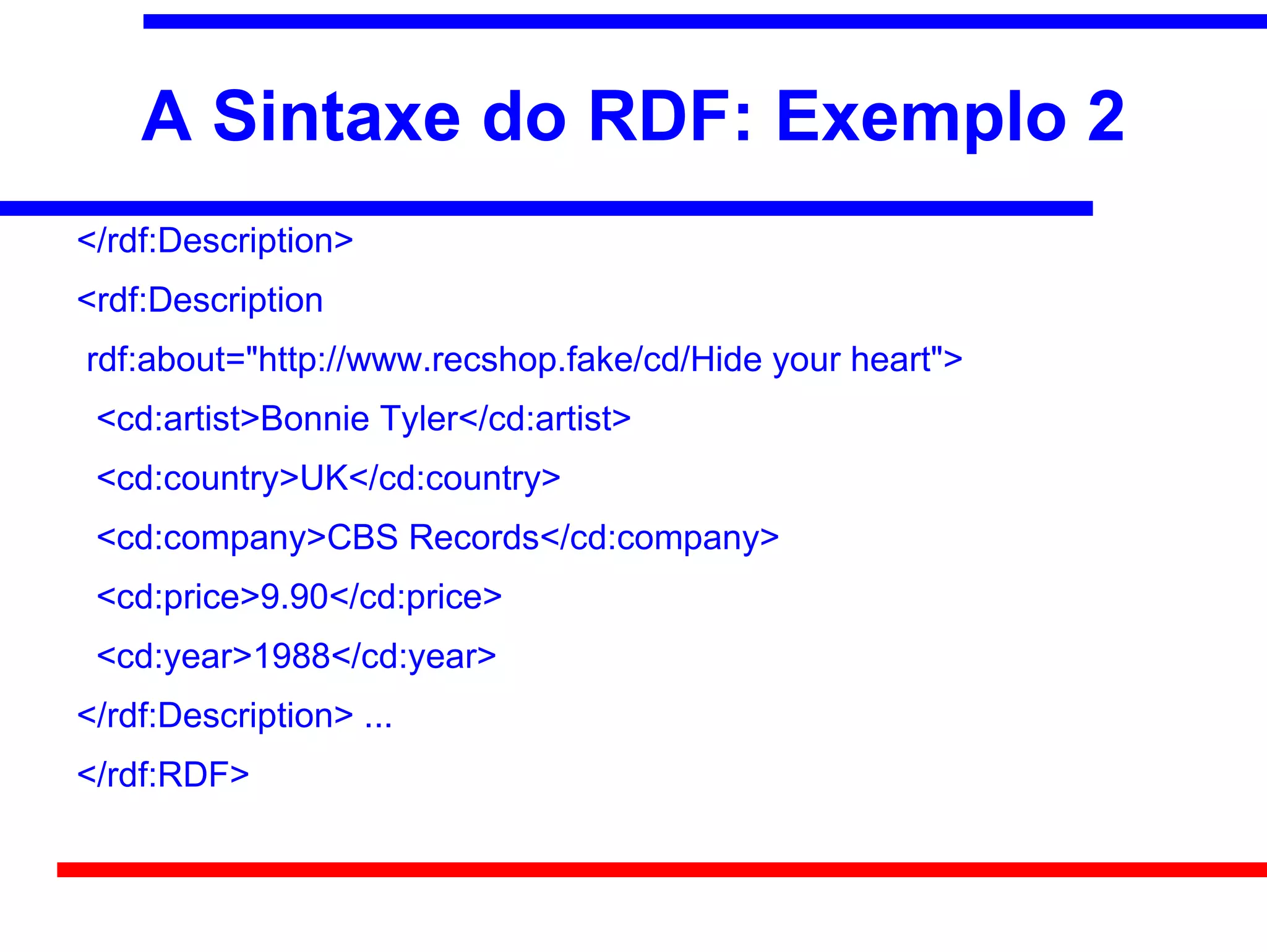 A Sintaxe do RDF: Exemplo 2
</rdf:Description>
<rdf:Description
rdf:about="http://www.recshop.fake/cd/Hide your heart">
 <cd:artist>Bonnie Tyler</cd:artist>
 <cd:country>UK</cd:country>
 <cd:company>CBS Records</cd:company>
 <cd:price>9.90</cd:price>
 <cd:year>1988</cd:year>
</rdf:Description> ...
</rdf:RDF>
 