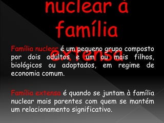 Família nuclear é um pequeno grupo composto
por dois adultos e um ou mais filhos,
biológicos ou adoptados, em regime de
economia comum.
Família extensa é quando se juntam à família
nuclear mais parentes com quem se mantém
um relacionamento significativo.
 