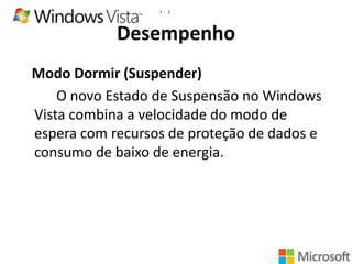 •

1

Desempenho
Modo Dormir (Suspender)
O novo Estado de Suspensão no Windows
Vista combina a velocidade do modo de
espera com recursos de proteção de dados e
consumo de baixo de energia.

 