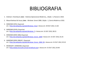 BIBLIOGRAFIA
1. Andrew S. Tanenbaum, Livro - Sistemas Operacionais Modernos, , Edição - 3, Pearson e 2010.
2. Maxuel Barbosa De Sousa, Livro - Windows Server 2008 , Edição - 1, Ciencia Moderna e 2010.
3. WINDOWS VISTA, Disponível
em: <http://pt.wikipedia.org/wiki/Windows_Vista>. Acesso em: 30 OUT. 2012, 11:30

4. WINDOWS SEVEN, Disponível
em: <http://pt.wikipedia.org/wiki/Windows_7>. Acesso em: 31 OUT. 2012, 00:21
5. WINDOWS SERVE 2008, Disponível
em: <http://pt.wikipedia.org/wiki/Windows_Server_2008>. Acesso em: 31 OUT. 2012, 01:25
6. WINDOWS SERVE 2008 R2 , Disponível
em: <http://pt.wikipedia.org/wiki/Windows_Server_2008_R2>. Acesso em: 31 OUT. 2012, 02:10
7. MICROSOFT / WINDOWS, Disponível
em: <http://www.microsoft.com/pt-br/default.aspx>. Acesso em: 31 OUT. 2012, 03:40

 