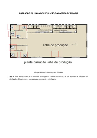 BARRACÃO DA LINHA DE PRODUÇÃO DA FÁBRICA DE MÓVEIS
Equipe: Bruno, Katherine, Luis Gustavo
OBS: A rede do escritório e da linha de produção da fábrica distam 150 m um do outro e precisam ser
interligadas. Discuta com a outra equipe como será a interligação
 
