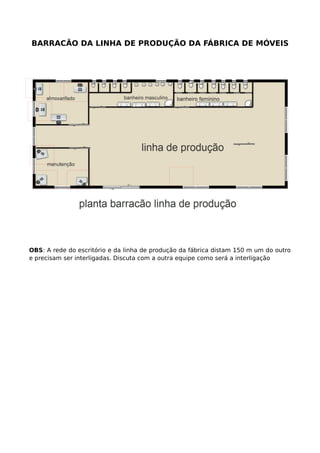 BARRACÃO DA LINHA DE PRODUÇÃO DA FÁBRICA DE MÓVEIS
OBS: A rede do escritório e da linha de produção da fábrica distam 150 m um do outro
e precisam ser interligadas. Discuta com a outra equipe como será a interligação
 