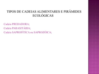 TIPOS DE CADEIAS ALIMENTARES E PIRÂMIDES
                ECOLÓGICAS

Cadeia PREDADORA;
Cadeia PARASITÁRIA;
Cadeia SAPROFÍTICA ou SAPROZÓICA;
 