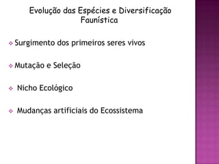 Evolução das Espécies e Diversificação
                     Faunística

 Surgimento   dos primeiros seres vivos

 Mutação   e Seleção

   Nicho Ecológico

   Mudanças artificiais do Ecossistema
 