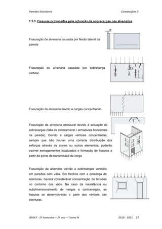 Paredes Exteriores Construções II 
1.5.3. Fissuras provocadas pela actuação de sobrecargas nas alvenarias 
Fissuração de alvenaria causada por flexão lateral da 
parede 
Fissuração de alvenaria causada por sobrecarga 
vertical. 
Fissuração de alvenaria devido a cargas concentradas 
Fissuração da alvenaria estrutural devido à actuação de 
sobrecargas (falta de cimbramento / armaduras horizontais 
na parede); Devido à cargas verticais concentradas, 
sempre que não houver uma correcta distribuição dos 
esforços através de coxins ou outros elementos, poderão 
ocorrer esmagamentos localizados e formação de fissuras a 
partir do ponto de transmissão da carga 
Fissuração da alvenaria devido a sobrecargas verticais 
em paredes com vãos. Em trechos com a presença de 
aberturas, haverá considerável concentração de tensões 
no contorno dos vãos. No caso da inexistência ou 
subdimensionamento de vergas e contravergas, as 
fissuras se desenvolverão a partir dos vértices das 
aberturas. 
ISMAT ‐ 2º Semestre – 2º ano – Turma N 2010 ‐ 2011 27 
 