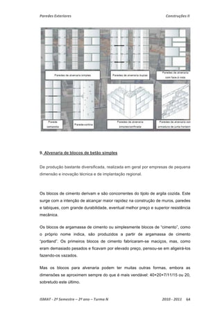 Paredes Exteriores Construções II 
9. Alvenaria de blocos de betão simples 
De produção bastante diversificada, realizada em geral por empresas de pequena 
dimensão e inovação técnica e de implantação regional. 
Os blocos de cimento derivam e são concorrentes do tijolo de argila cozida. Este 
surge com a intenção de alcançar maior rapidez na construção de muros, paredes 
e tabiques, com grande durabilidade, eventual melhor preço e superior resistência 
mecânica. 
Os blocos de argamassa de cimento ou simplesmente blocos de “cimento”, como 
o próprio nome indica, são produzidos a partir de argamassa de cimento 
“portland”. Os primeiros blocos de cimento fabricaram-se maciços, mas, como 
eram demasiado pesados e ficavam por elevado preço, pensou-se em aligeirá-los 
fazendo-os vazados. 
Mas os blocos para alvenaria podem ter muitas outras formas, embora as 
dimensões se aproximem sempre do que é mais vendável: 40×20×7/11/15 ou 20, 
sobretudo este último. 
ISMAT ‐ 2º Semestre – 2º ano – Turma N 2010 ‐ 2011 64 
 