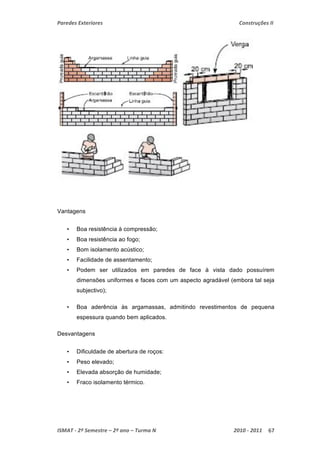 Paredes Exteriores Construções II 
Vantagens 
• Boa resistência à compressão; 
• Boa resistência ao fogo; 
• Bom isolamento acústico; 
• Facilidade de assentamento; 
• Podem ser utilizados em paredes de face à vista dado possuírem 
dimensões uniformes e faces com um aspecto agradável (embora tal seja 
subjectivo); 
• Boa aderência às argamassas, admitindo revestimentos de pequena 
espessura quando bem aplicados. 
Desvantagens 
• Dificuldade de abertura de roços: 
• Peso elevado; 
• Elevada absorção de humidade; 
• Fraco isolamento térmico. 
ISMAT ‐ 2º Semestre – 2º ano – Turma N 2010 ‐ 2011 67 
 