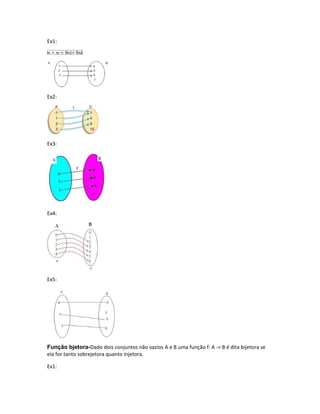 Ex1:
Ex2:
Ex3:
Ex4:
Ex5:
Função bjetora-Dado dois conjuntos não vazios A e B uma função f: A -> B é dita bijetora se
ela for tanto sobrejetora quanto injetora.
Ex1:
 