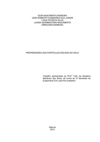 IGOR NASCIMENTO MOREIRA
JOSE ROBERTO GUIMARÃES EÇA JUNIOR
LYDIA PATRÍCIA SILVA
LAIANA GEAMBASTIANI NASCIMENTO
UBIRAJARA BARBOSA
PROPRIEDADES DAS PARTÍCULAS SÓLIDAS DO SOLO
Trabalho apresentado ao Prof.º Totti, da disciplina
Mecânica dos Solos, da turma do IV Semestre de
Engenharia Civil, para fins avaliativo.
Itabuna
2013
 