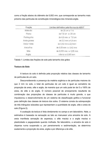 como a fração abaixo do diâmetro de 0,002 mm, que corresponde ao tamanho mais
próximo das partículas de constituição mineralógica dos minerais-argila.
Tabela 1: Limites das frações de solo pelo tamanho dos grãos
Textura do Solo
A textura do solo é definida pela proporção relativa das classes de tamanho
de partículas de um solo.
Desconsiderando a presença da matéria orgânica e de partículas maiores do
que 2 mm no solo, o total de partículas de um solo é igual ao somatório da
proporção de areia, silte e argila, de maneira que um solo pode ter de 0 a 100% de
areia, de silte e de argila. O número possível de arranjamento resultante da
combinação das proporções de classes de partículas é muito grande, o que
impulsionou o desenvolvimento de um sistema de classificação gráfico e funcional
para definição das classes de textura dos solos. O sistema consta da sobreposição
de três triângulos isósceles que representam a quantidade de argila, silte e areia do
solo (Figura 2).
A avaliação da textura é feita diretamente no campo e em laboratório. Nele, a
estimativa é baseada na sensação ao tato ao manusear uma amostra de solo. A
areia manifesta sensação de aspereza, o silte maciez e a argila maciez e
plasticidade e pegajosidade quando molhada. No laboratório, a amostra de solo é
dispersa numa suspensão e, por peneiramento e sedimentação, se determina
exatamente a proporção de areia, argila e por diferença a de silte.
 