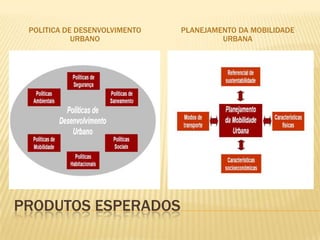 POLITICA DE DESENVOLVIMENTO   PLANEJAMENTO DA MOBILIDADE
            URBANO                      URBANA




PRODUTOS ESPERADOS
 
