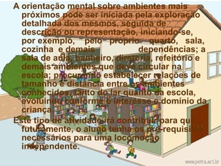 A orientação mental sobre ambientes mais próximos pode ser iniciada pela exploração detalhada dos mesmos, seguida de descrição ou representação, iniciando-se,  por exemplo,  pelo  próprio  quarto,  sala, cozinha  e demais  dependências; a sala de aula, banheiro, diretoria, refeitório e demais ambientes que deve circular na escola; procurando estabelecer relações de tamanho e distância entre os ambientes conhecidos, tanto do lar quanto da escola, evoluindo conforme o interesse e domínio da criança. Este tipo de atividade irá contribuir para que, futuramente, o aluno tenha os pré-requisitos necessários para uma locomoção independente. 