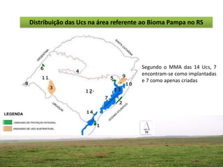 Distribuição das Ucs na área referente ao Bioma Pampa no RS




                                      Segundo o MMA das 14 Ucs, 7
                                      encontram-se como implantadas
                                      e 7 como apenas criadas
 