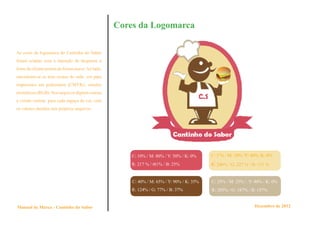 Cores da Logomarca

As cores da logomarca do Cantinho do Sabor
foram criadas com a intenção de despertar a
fome do cliente porém de forma suave. Ao lado,
encontram-se os tons exatos de cada cor para
impressões em policromia (CMYK), versões
eletrônicas (RGB). Nos arquivos digitais consta
a versão correta para cada espaço de cor, com
os valores denidos nos próprios arquivos.




                                                      C: 10% / M: 80% / Y: 50% / K: 0%    C: 5 % / M: 10% /Y: 40% /K: 0%
                                                      R: 217 % / t81% / B: 25%            R: 246% / G: 227 % / B: 171 %


                                                      C: 40% / M: 65% / Y: 90% / K: 35%   C: 25% / M: 25% / Y: 40% / K: 0%
                                                      R: 124% / G: 77% / B: 37%           R: 203% / G: 187% / B: 157%


Manual de Marca - Cantinho do Sabor                                                                            Dezembro de 2012
 