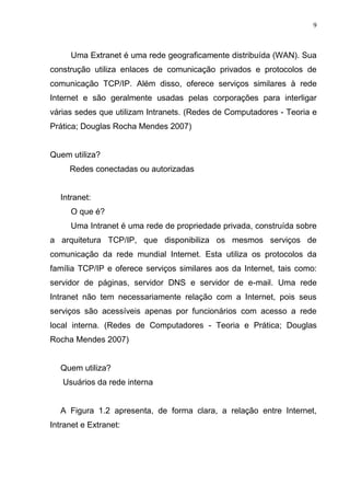 9
Uma Extranet é uma rede geograficamente distribuída (WAN). Sua
construção utiliza enlaces de comunicação privados e protocolos de
comunicação TCP/IP. Além disso, oferece serviços similares à rede
Internet e são geralmente usadas pelas corporações para interligar
várias sedes que utilizam Intranets. (Redes de Computadores - Teoria e
Prática; Douglas Rocha Mendes 2007)
Quem utiliza?
Redes conectadas ou autorizadas
Intranet:
O que é?
Uma Intranet é uma rede de propriedade privada, construída sobre
a arquitetura TCP/IP, que disponibiliza os mesmos serviços de
comunicação da rede mundial Internet. Esta utiliza os protocolos da
família TCP/IP e oferece serviços similares aos da Internet, tais como:
servidor de páginas, servidor DNS e servidor de e-mail. Uma rede
Intranet não tem necessariamente relação com a Internet, pois seus
serviços são acessíveis apenas por funcionários com acesso a rede
local interna. (Redes de Computadores - Teoria e Prática; Douglas
Rocha Mendes 2007)
Quem utiliza?
Usuários da rede interna
A Figura 1.2 apresenta, de forma clara, a relação entre Internet,
Intranet e Extranet:
 