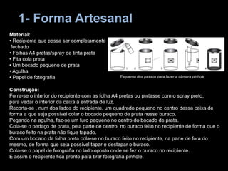 1- Forma Artesanal
Material:
• Recipiente que possa ser completamente
fechado
• Folhas A4 pretas/spray de tinta preta
• Fita cola preta
• Um bocado pequeno de prata
• Agulha
• Papel de fotografia
Construção:
Forra-se o interior do recipiente com as folha A4 pretas ou pintasse com o spray preto,
para vedar o interior da caixa à entrada de luz.
Recorta-se , num dos lados do recipiente, um quadrado pequeno no centro dessa caixa de
forma a que seja possível colar o bocado pequeno de prata nesse buraco.
Pegando na agulha, faz-se um furo pequeno no centro do bocado de prata.
Cola-se o pedaço de prata, pela parte de dentro, no buraco feito no recipiente de forma que o
buraco feito na prata não fique tapado.
Com um bocado da folha preta cola-se no buraco feito no recipiente, na parte de fora do
mesmo, de forma que seja possível tapar e destapar o buraco.
Cola-se o papel de fotografia no lado oposto onde se fez o buraco no recipiente.
E assim o recipiente fica pronto para tirar fotografia pinhole.
Esquema dos passos para fazer a câmara pinhole
 