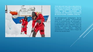 “POR MELHOR QUE SEJA UMA ESCOLA,
ELA NUNCA VAI SUPRIR A CARÊNCIA DE
UMA FAMÍLIA AUSENTE. PORTANTO, A
FAMÍLIA DEVE PARTICIPAR DE
VERDADE DO PROCESSO EDUCATIVO
DE SEUS FILHOS.” (GABRIEL CHALITA)
No planejamento pedagógico, faz-se
necessária a gestão compartilhada
entre os profissionais da educação e
a comunidade escolar. Possibilitando
a identificação das condições reais da
escola, bem como das condições de
trabalho para todos. Significa
caracterizar a escola real e traçar as
linhas da escola ideal.
 