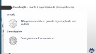 Classificação – quanto à organização da cadeia polimérica
Amorfo
Semicristalino
Não possuem nenhum grau de organização de suas
cadeias
Se organizam e formam cristais
 