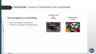 Politereftalato de etileno
Classificação – quanto à fusibilidade e/ou solubilidade
Termorrígidos ou termofixos
 Não são capazes de fundirem
 Estáveis à variações de temperatura
Politetrafluoretil
eno
(TEFLON)
Resina alquídica
(Tintas)
 