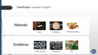 Classificação – quanto à origem
Naturais
Sintéticos
Látex Celulose Polissacarídeos
Tubos de PVC Borracha PET
 