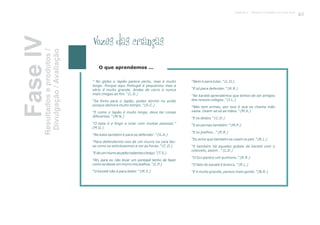 ”
longe. Porque aqui Portugal é pequenino mas a
sério é muito grande. Andas de carro e nunca
mais chegas ao fim.” (L.D.)
“Se fores para o Japão, podes dormir no avião
porque demora muito tempo.” (D.C.)
“E como o Japão é muito longe, deve ter coisas
diferentes.” (M.N.)
“O kata é a fingir a lutar com muitas pessoas.”
(M.G.)
“No kata também é para se defender.” (G.A.)
“Para defendermo-nos de um murro na cara faz-
se como se estivéssemos a ver as horas.” (C.D.)
“Edeummurroaopeitorodamosobraço.”(T.S.)
“Ah, para eu não levar um pontapé tenho de fazer
comosedesseummurronosjoelhos.”(L.P.)
“O karaté não é para bater.” (M.X.)
No globo o Japão parece perto, mas é muito “Nem é para lutar.” (L.D.)
“É só para defender.” (R.R.)
“No karaté aprendemos que temos de ser amigos
dos nossos colegas.” (I.L.)
“Não tem armas, por isso é que se chama mão
vazia. Usam-se só as mãos.” (M.X.)
“E os dedos.” (C.D.)
“E as pernas também.” (M.P.)
“E os joelhos…” (R.R.)
“Eu acho que também se usam os pés.” (R.L.)
“E também há aqueles golpes de karaté com o
cotovelo, assim…” (L.D.)
“O Gui parece um quimono.” (R.R.)
“O fato do karaté é branco.” (R.L.)
“E é muito grande, parece mais gordo.” (B.R.)
O que aprendemos ...
Vozes das crianças
FaseIVResultadoseprodutos/
Divulgação/Avaliação
101Capítulo 4 - Projecto O karaté é só uma luta?
 