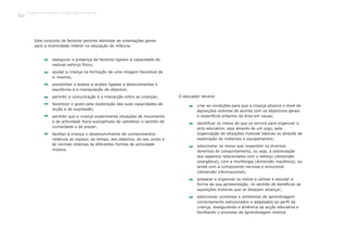 criar as condições para que a criança alcance o nível de
aquisições motoras de acordo com os objectivos gerais
e específicos próprios da área em causa;
identificar os meios de que se servirá para organizar o
acto educativo, seja através de um jogo, pela
organização de situações motoras básicas ou através de
exploração de materiais e equipamentos;
seleccionar os meios que respeitem os diversos
domínios do comportamento, ou seja, a estimulação
dos aspectos relacionados com o esforço (dimensão
energética), com a morfologia (dimensão mecânica), ou
ainda com a componente nervosa e emocional
(dimensão informacional);
preparar e organizar os meios a utilizar e estudar a
forma da sua apresentação, no sentido de beneficiar as
aquisições motoras que se desejam alcançar;
seleccionar contextos e ambientes de aprendizagem
correctamente estruturados e adaptados ao perfil da
criança, assegurando a dinâmica da acção educativa e
facilitando o processo de aprendizagem motora.
O educador deverá:
assegurar a presença de factores ligados à capacidade de
realizar esforço físico;
ajudar a criança na formação de uma imagem favorável de
si mesma;
possibilitar o acesso a acções ligadas a deslocamentos e
equilíbrios e a manipulação de objectos;
permitir a comunicação e a interacção entre as crianças;
favorecer o gosto pela exploração das suas capacidades de
acção e de expressão;
permitir que a criança experimente situações de movimento
e de actividade física susceptíveis de satisfazer o sentido de
curiosidade e de prazer;
facilitar à criança o desenvolvimento de conhecimentos
relativos ao espaço, ao tempo, aos objectos, ao seu corpo e
às normas relativas às diferentes formas de actividade
motora.
Este conjunto de factores permite delimitar as orientações gerais
para a motricidade infantil na educação de infância:
Trabalho por Projectos na Educação de Infância
108
 