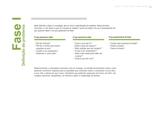 Após definido o tópico a investigar, deu-se início à planificação do trabalho. Neste primeiro
momento, e com base no que as crianças já “sabiam” acerca do tópico, fez-se o levantamento do
que queriam saber e do que gostariam de fazer.
FaseIDefiniçãodoproblema
- “Ele fez músicas”
- “Ele fez a música das quatro
estações do ano”
- “Vivaldi é um compositor”
- “Sabemos o nome dele”
- “Como é que ele é?”
- “Onde é que ele nasceu?”
- “Mais canções que ele compôs?”
- “O que é um compositor?”
- “Fazia mais coisas para além de
música?”
- “Onde é que ele vive?”
- “Cantar mais músicas do Vivaldi”
- “Pintar o Vivaldi”
- “Fazer um teatro”
O que pensamos saber O que queremos saber O que gostaríamos de fazer
Posteriormente, a educadora conversou com as crianças, no sentido de decidirem onde e como
poderiam encontrar resposta para as questões que colocaram sobre o compositor (a sua obra,
a sua vida, a época em que viveu). Decidiram que poderiam pesquisar em livros, em CD's, em
imagens (pinturas, fotografias), na internet e pedir a colaboração da família.
113
 