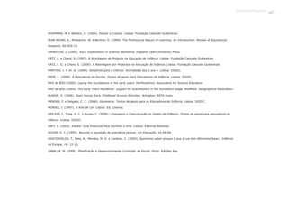 HOHMANN, M. e Weikart, D. (2004). Educar a Criança. Lisboa: Fundação Calouste Gulbenkian.
IRAN-NEJAD, A., McKeachie, W. e Berliner, D. (1990). The Multisource Nature of Learning: An Introduction. Review of Educational
Research, 60:509-15.
JOHNSTON, J. (2005). Early Explorations in Science. Berkshire, England: Open University Press.
KATZ, L. e Chard, S. (1997). A Abordagem de Projecto na Educação de Infância. Lisboa: Fundação Calouste Gulbenkian.
KATZ, L. G. e Chard, S. (2009). A Abordagem por Projectos na Educação de Infância. Lisboa: Fundação Calouste Gulbenkian.
MARTINS, I. P. et. al. (2009). Despertar para a Ciência: Actividades dos 3 aos 6. Lisboa: DGIDC.
MATA, L. (2008). À Descoberta da Escrita: Textos de apoio para Educadores de Infância. Lisboa: DGIDC.
MAX de BÓO (2000). Laying the foundations in the early years. Hertfordshire: Association for Science Education.
MAX de BÓO (2004). The Early Years Handbook: support for practitioners in the foundation stage. Sheffield: Geographical Association.
McNAIR, S. (2006). Start Young, Early Childhood Science Activities. Arlington: NSTA Press.
MENDES, F. e Delgado, C. C. (2008). Geometria: Textos de apoio para os Educadores de Infância. Lisboa: DGIDC.
MORAIS, J. (1997). A Arte de Ler. Lisboa: Ed. Cosmos.
SIM-SIM, I., Silva, A. C. e Nunes, C. (2008). Linguagem e Comunicação no Jardim de Infância: Textos de apoio para educadores de
infância. Lisboa: DGIDC.
SMIT, S. (2003). Karaté: Guia Essencial Para Dominar a Arte. Lisboa: Editorial Estampa.
SOUSA, O. C. (1995). Reconto e aquisição da gramática textual. Ler Educação, 16:49-58.
VASCONCELOS, T., Melo, N., Mendes, M. O. e Cardoso, C. (2009). Queremos saber porque é que a Lua tem diferentes fases… Infância
na Europa, 16: 12-13.
ZABALZA, M. (2000). Planificação e Desenvolvimento Curricular na Escola. Porto: Edições Asa.
Referências bibliográficas
143
 