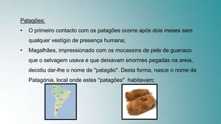 Patagões:
• O primeiro contacto com os patagões ocorre após dois meses sem
qualquer vestígio de presença humana;
• Magalhães, impressionado com os mocassins de pele de guanaco
que o selvagem usava e que deixavam enormes pegadas na areia,
decidiu dar-lhe o nome de "patagão". Desta forma, nasce o nome da
Patagónia, local onde estes "patagões" habitavam;
 