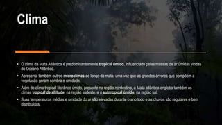 Clima
• O clima da Mata Atlântica é predominantemente tropical úmido, influenciado pelas massas de ar úmidas vindas
do Oceano Atlântico.
• Apresenta também outros microclimas ao longo da mata, uma vez que as grandes árvores que compõem a
vegetação geram sombra e umidade.
• Além do clima tropical litorâneo úmido, presente na região nordestina, a Mata atlântica engloba também os
climas tropical de altitude, na região sudeste, e o subtropical úmido, na região sul.
• Suas temperaturas médias e umidade do ar são elevadas durante o ano todo e as chuvas são regulares e bem
distribuídas.
 