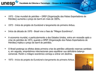1973 - Crise mundial do petróleo – OPEP (Organização dos Países Exportadores de Petróleo) aumenta o preço do barril em mais de 300%.  1973 - Início do projeto do Eurotúnel e lançamento do primeiro Airbus. Início da década de 1970 - Brasil vive a fase do &quot;Milagre Econômico&quot;. A economia mundial, e particularmente a dos Estados Unidos, entra em recessão após a crise do petróleo de 1973, quando a OPEP (Organização dos Países Exportadores de Petróleo) triplica o preço do barril de petróleo.  O Brasil posterga os efeitos desta primeira crise do petróleo utilizando reservas cambiais e, em seguida, empréstimos internacionais para equilibrar sua deficitária balança comercial. Porém o milagre econômico começa a entrar em declínio. 1973 - Início do projeto do Eurotúnel e lançamento do primeiro Airbus.  Faculdade de Ciências e Tecnologia - Câmpus de Presidente Prudente 