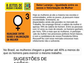 Setor Laranja – Igualdade entre os  sexos e Valorização da Mulher Hoje as mulheres já são a maioria nas escolas e  universidades, entre os jovens, já possuem maior  escolaridade. Entretanto, as  disparidades ainda são grandes no mercado de  Trabalho. No emprego formal, o salário da mulher é  apenas 78% do salário do homem. Entre as pessoas com 12 anos ou mais de estudo, os homens ganham, por hora, 70% a mais que as mulheres. A participa- -ção da mulher nos processos políticos foram baixos, e com a candidatura de nossa Presidenta Dilma  Rousseff fez com esse mercado crescesse mais  infelizmente não o suficiente. No Brasil, as mulheres chegam a ganhar até 40% a menos do  que os homens para exercer o mesmo trabalho. SUGESTÕES DE AÇÕES: 